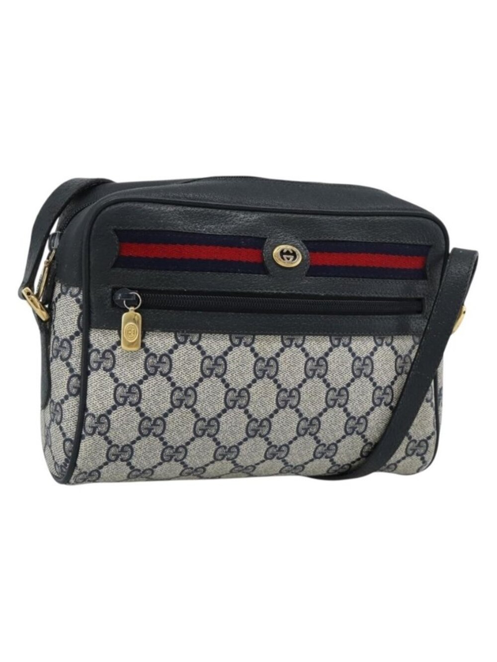 Authentic GUCCI GG Supreme Shoulder Bag PVC Navy Gold